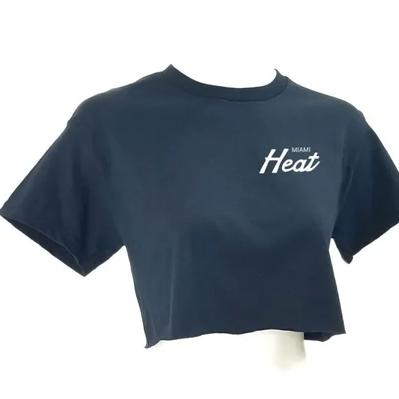 MIAMI HEAT Double Script Retro Logo Black Cropped Crop Top Basketball Jersey Tee - Picture 2 of 6
